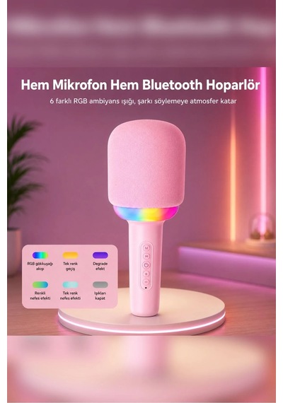 Exenar - Pembe - Kablosuz Bluetooth Karaoke Mikrofonu 5w Rgb Işıklı Taşınabilir Kablosuz Mikrofon Şarjlı 1200 Mah