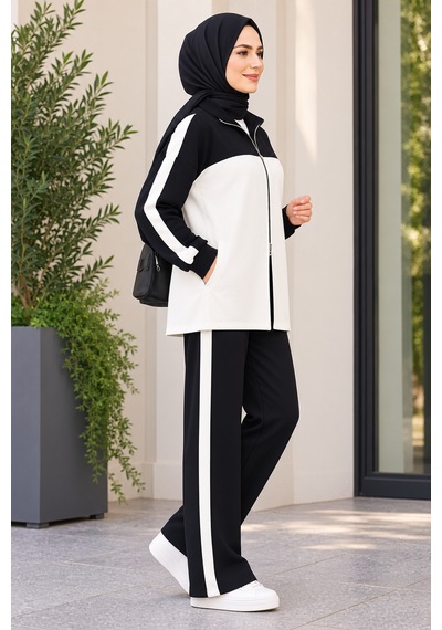 Stilkusagi Siyah Renk Bloklu Fermuarlı Hırka Pantolonlu Triko Takım Oversize Tesettür Siyah - Beyaz
