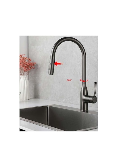Inox Spiralli Mutfak Bataryası - 44 Cm Yüksek Tasarım, 2 Fonksiyonlu Çek-bırak Başlık 60cm Uzayan Hortum , Fırçalı Çelik Görünümü Modern Eviye Musluğu Antrasit Gri Çok Renkli