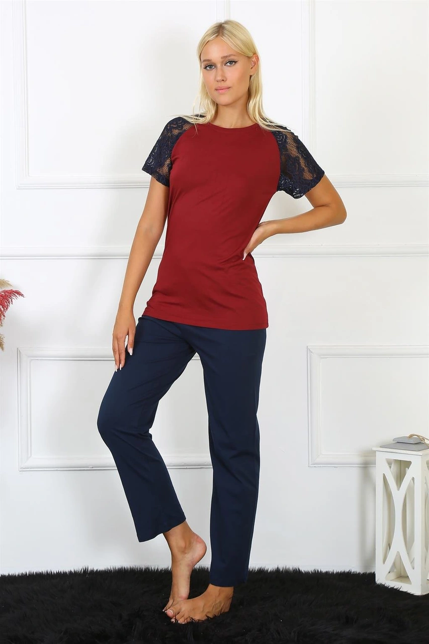 Akbeniz Kadın Kolu Dantelli Penye Pijama Takım 4149 Bordo