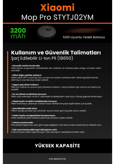 Xiaomi Mop Pro STYTJ02YM 3200mAh Robot Süpürge Bataryası