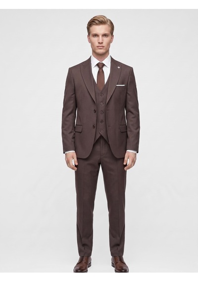 Tk6896 Erkek 3 Parça Slim Fit Çift Yırtmaçlı Takım Elbise Yelekli Şık Klasik Takım 6 Drop Kahverengi