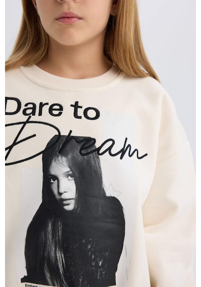 DeFacto Kız Çocuk Oversize Geniş Kalıp Bisiklet Yaka Baskılı Sweatshirt D5452A824WNER233 Ekru