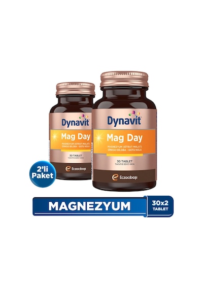 Dynavit Mag Day 30 Tablet X2- Sabah / Gündüz Magnezyum - Mag Sitrat & Malat, Gotu Kola, Ginkgo Biloba, B6 Vit