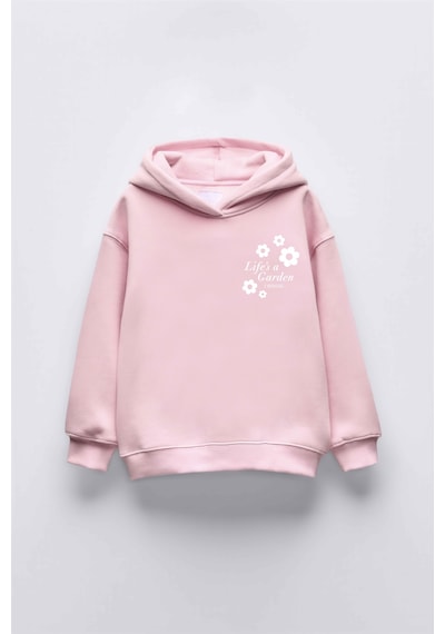 Kız Çocuk Lifes Garden Baskılı Kapüşonlu Manşetli Sweatshirt Pembe