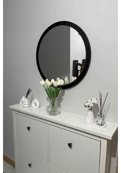 Dekoratik Yuvarlak Ayna 45 Cm Çap Antre Hol Koridor Duvar Salon Mutfak Banyo Ofis Makyaj Aynası - Siyah Siyah