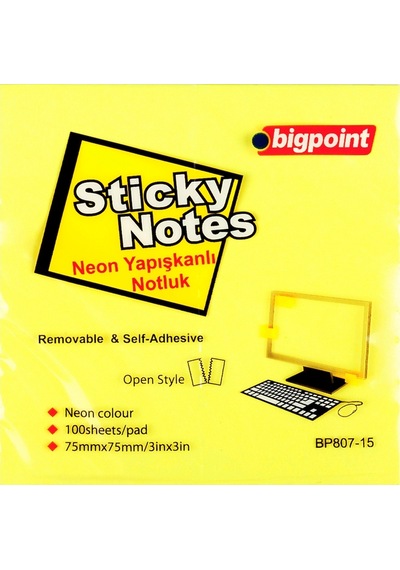 Bigpoint Yapışkanlı Not Kağıdı 75x75mm Neon Sarı X 12 Adet