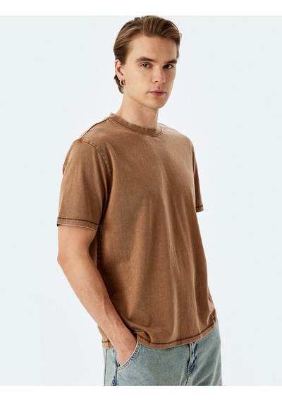 Koton Pamuklu Yıkamalı Regular Fit Kısa Kollu Bisiklet Yaka Tişört Kahverengi 5sam10190hk Kahve