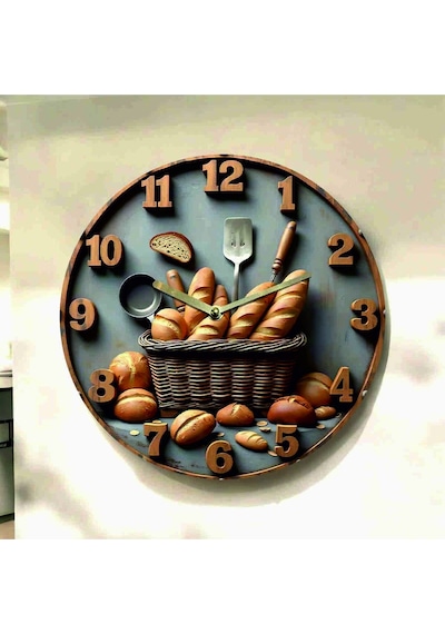 AA Shop Fırın Ekmek Cafe Renkli Baskı Desenli Sayılı Hediyelik Ahşap Sessiz Tablo Duvar Saati 608 Çok Renkli