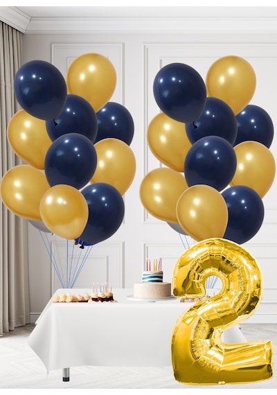 2 Yaş Sarı Lacivert Taraftar Temalı Doğum Günü Seti Altın Kozmik Lacivert Balonlar Altın Folyo Rakam Altın