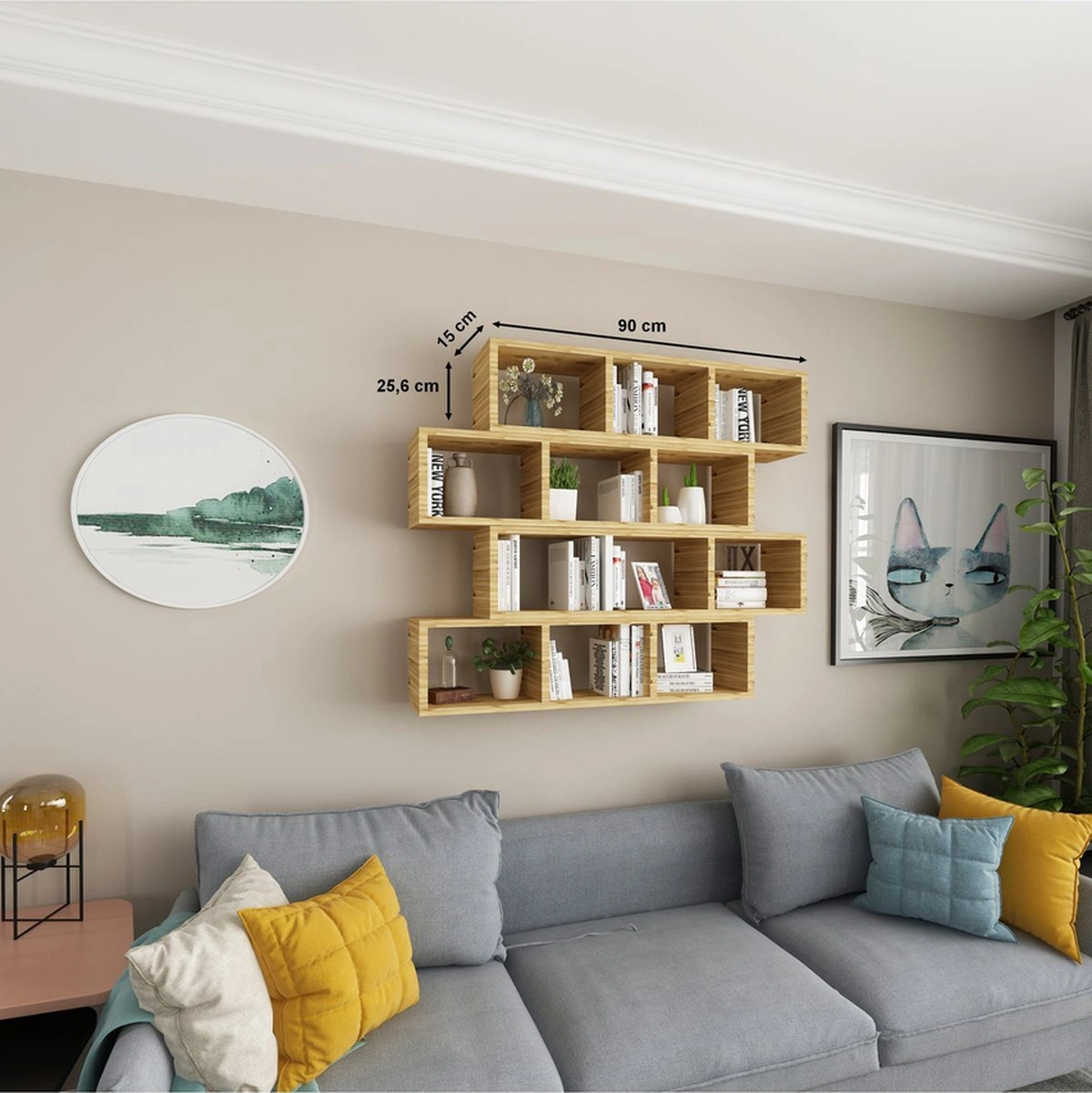 Kitaplık Modern Duvar Rafı Salon Yatay 4 Lü Takım Atlantik Çam Atlantik Çam