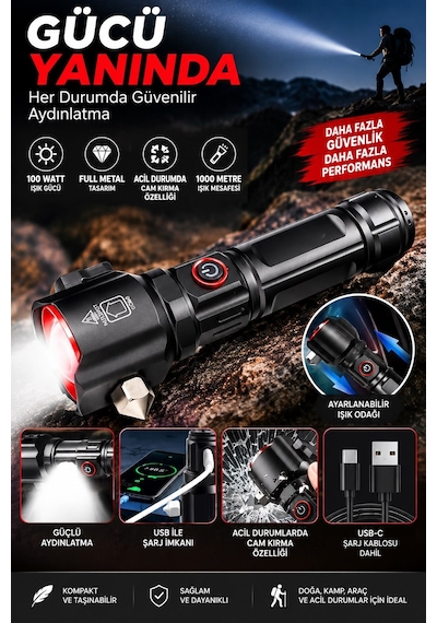 Jasper Jpr-2210 Full Metal Tasarım Çakarlı Zomlu 26650 8800mah Li-ion Bataryaya Sahip El Feneri Siyah