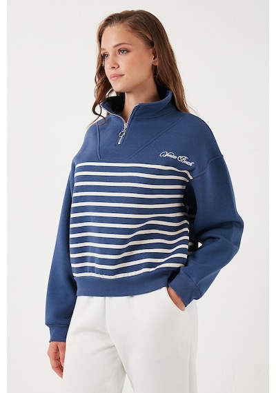 Lela Streç Oversize Fit Yarım Fermuarlı Dik Yaka Bayan Sweat 5865883 Indigo