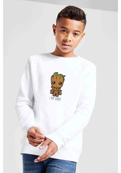 Tshirthane I Am Groot Baskılı Unisex Çocuk Beyaz Sweatshirt (534758045) Beyaz