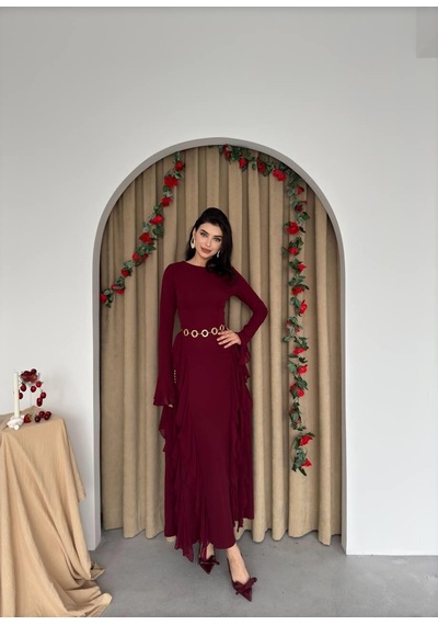 Nils Butik Fırfır Detaylı Abiye Elbise Bordo