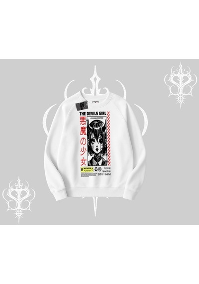Startmore Biskilet Sweatshirt Anime Devils Girl Japanese Style Baskılı Beyaz