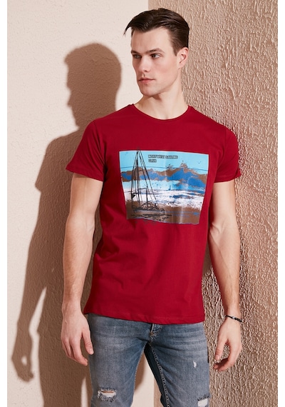 Buratti Baskılı Bisiklet Yaka % 100 Pamuklu Slim Fit Erkek T Shirt 541Yelken24 Kırmızı