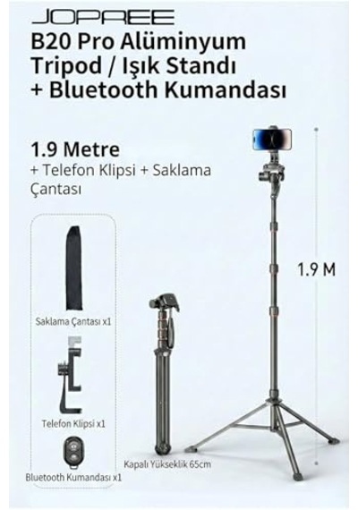 Ayrex Coverzone 1.9 Metre Alüminyum Tripod Telefon Standı, 360 3d Başlık, Bluetooth Uzaktan Kumanda 10m, Telefon K