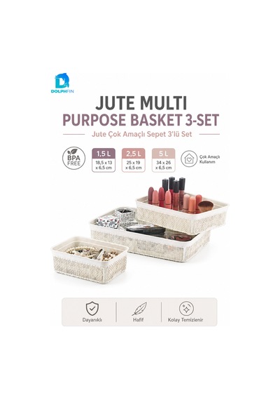 Jute Çok Amaçlı Sepet 3 Lü Set 1,5 L 2,5 L 5 L Mutfak Banyo Dolap İçi Saklama Organizeri beyaz