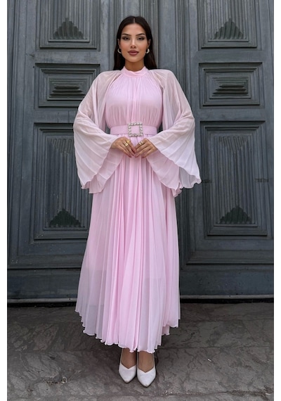 Lodmela Plise Detaylı Kemerli Rahat Form Abiye Elbise 2183-pembe Pembe