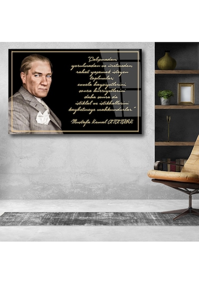 Atatürk Ve Sözleri Yatay Cam Tablo, Modern Ev Ofis Salon Duvar Dekoru Hediyelik Büyük Tablo Dekor