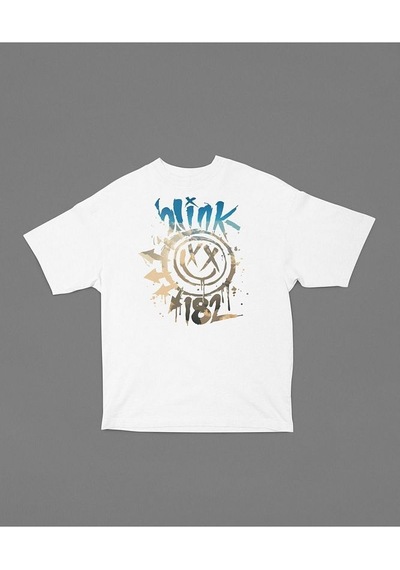 Blink 182 Gülen Yüz Baskılı Unisex Oversize Tişört Beyaz
