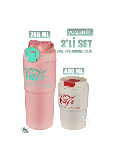 Vagonlife 2'li Çelik Termos-kahve Bardağı Seti 750ml Çift Kullanım Termos//450ml Mug Kahve Bardağı Pembe - Beyaz