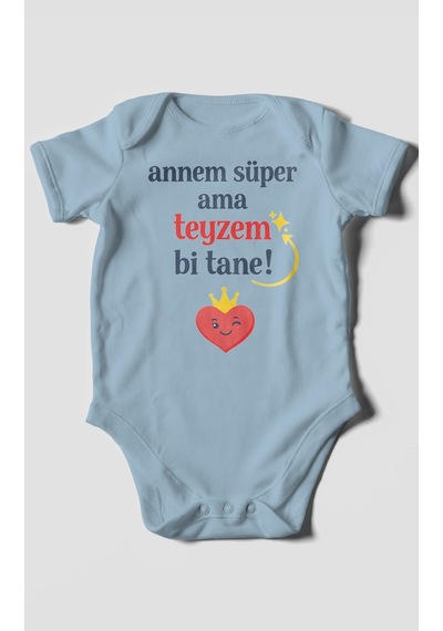 Morivokids Annem Süper Ama Teyzem Bi Tane Kısa Kollu Bebek Body %100 Pamuk Bebe Mavisi