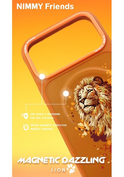 İphone 18 Pro Max Uyumlu Magsafe Gerçek Nakışlı Turuncu Aslan Figürlü Kılıf - Lion