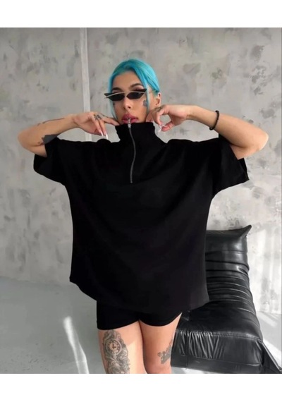 Vinevesta Kadın Yarım Fermuarlı Tişört Düz Oversize T-shirt - Siyah Çok Renkli