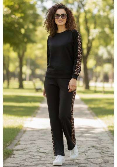 Trend Alisse Bisiklet Yaka Leopar Garnili Esnek Cepli Modal Takım Siyah