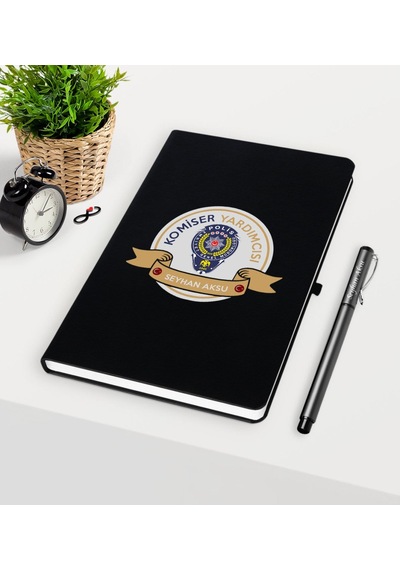 Kişiye Özel Komiser Yardımcısı Temalı Siyah Defter Kalem Seti - 1 Siyah
