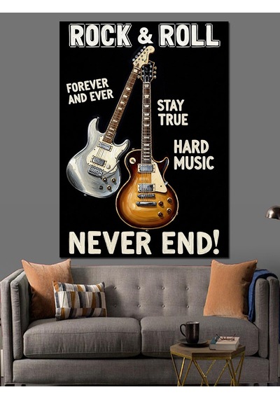 Ahşap Tablo Beyaz Gitar Rock And Roll Posteri