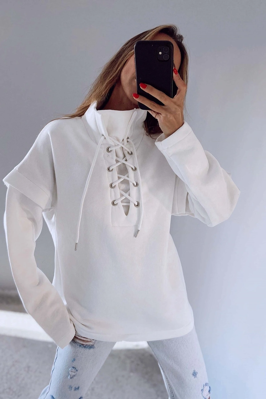 Kadın Yakası Bağcıklı Scuba Oversize Spor Şık Tasarım Sweatshirt Beyaz