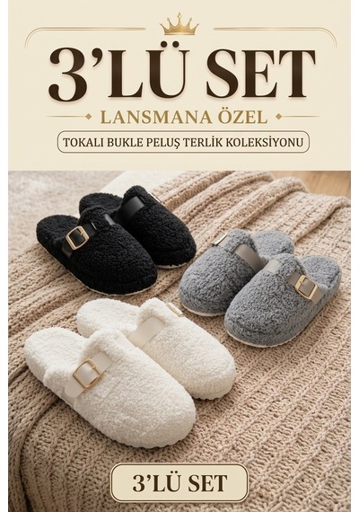 Stwenn 3 Lü Avantajlı Paket Kışlık Peluş Desenli Sessiz Ortopedik Taban Çeyiz Misafir Ev Terliği Set 3 Lü Snow