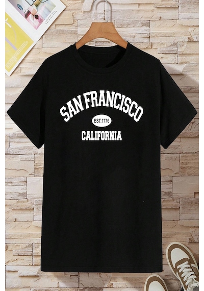 Pamuklu San Francisco Baskılı Oversize T-shirt Siyah