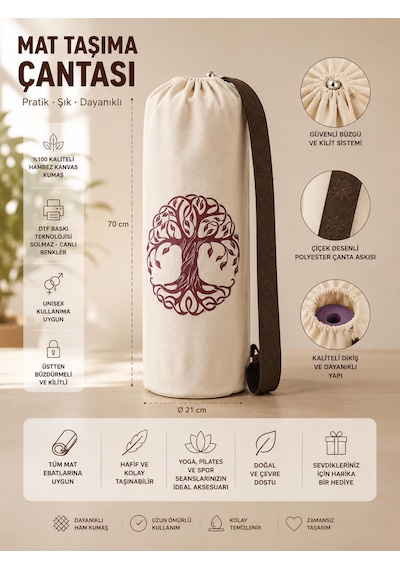 Yoga Mat Taşıma Çantası Hayat Ağacı Lotus Namaste Desenli Hambez Kanvas 70x21 Cm Kahverengi
