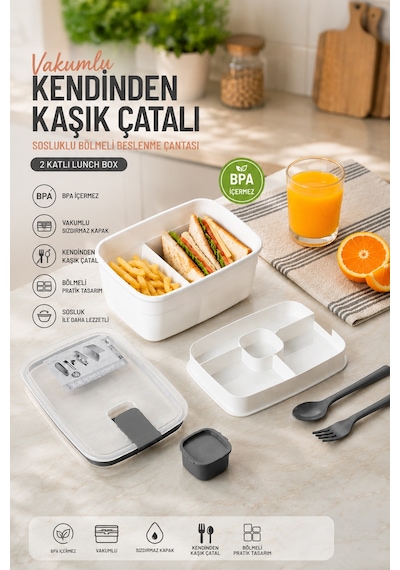 Porsima 3192 Vakumlu Sosluklu Bölmeli 2 Katlı Lunch Box Saklama K Beyaz