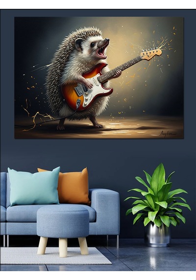 Ahşap Tablo Gitar Çalan Küçük Kirpi Karakteri Yiyecek Ve İçecek Tabloları