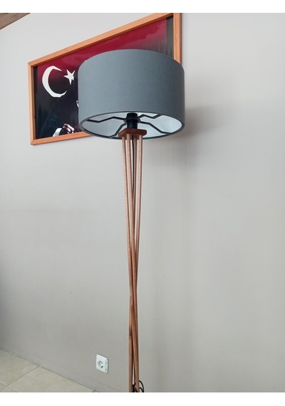 Ahşap Lambader- Köşe Lambası- Gri Başlık- Koyu Meşe Gövde