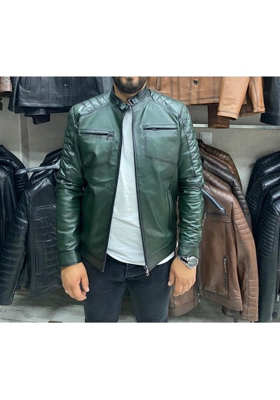 Nyc Giyim Tekstil & Deri Yeşil Karartmalı Hakiki Deri Spor Mont Ceket Slim Fit Yeşil