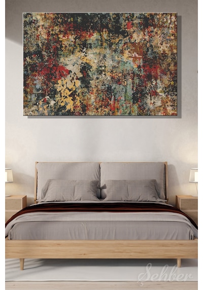 Siyah Kırmızı Sarı Tonlarda Soyut Desenlere Sahip Modern Dekoratif Yatay Kanvas Tablo 4323 Çok Renkli