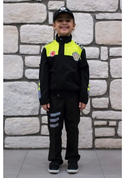 Sevimli Kids Unisex Çocuk Siyah Trafik Polisi Kostümü Siyah