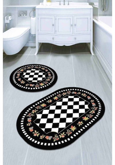 Siyah Çerçeveli Banyo Halısı Klozet Oval Paspas Seti Bs072n11