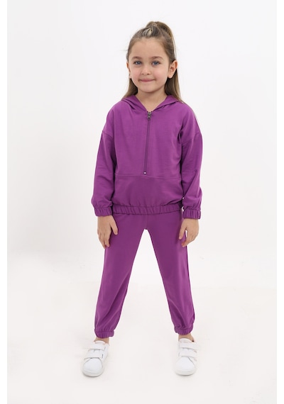 Toontoy Kids Kız Çocuk 2'li Takım Kapüşonlu Fermuarlı Sweatshirt & Beli Paçası Lastikli Jogger Eşofman Altı - 2 İplik Mor