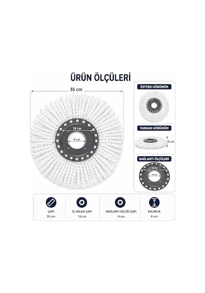Orret Home Döner Vileda Yedek Mop Ucu Mikrofiber Temizlik Bezi 35 Cm Tüm Modellerle Uyumlu Vileda Başlığı Döner M
