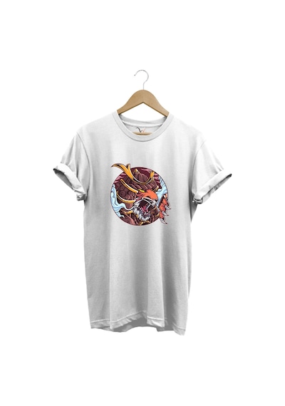 Streetwear Savaşçı Japon Kaplan Baskılı Şık Tasarımlı %100 Pamuk Bisiklet Yaka Beyaz T-shirt Beyaz