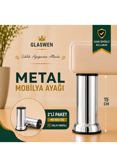 2 Adet Metal Destek Ayağı 15 Cm Krom Mobilya Kanepe Baza Koltuk Ünite Ayakları Metrik 8 Civatalı İnce Diş