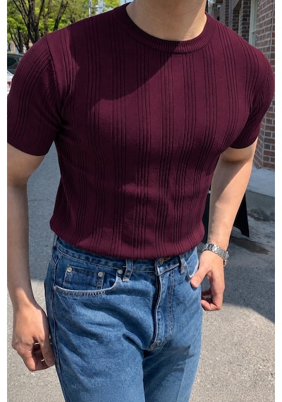Tarz Cool Old Money Fit Bisiklet Yaka Çizgili Triko T-shirt Slim Kalıp Premium Bordo