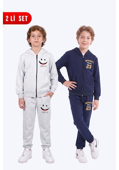 Fyk Kids 2'li Erkek Çocuk Baskılı Fermuarlı Kapüşonlu Çift Cepli Eşofman Takımı Gri - Lacivert